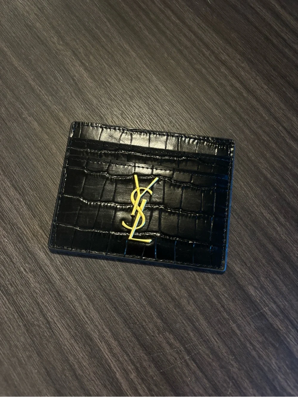 Saint Laurent Black Croc-Embossed Card Holder with Gold YSL Monogram
